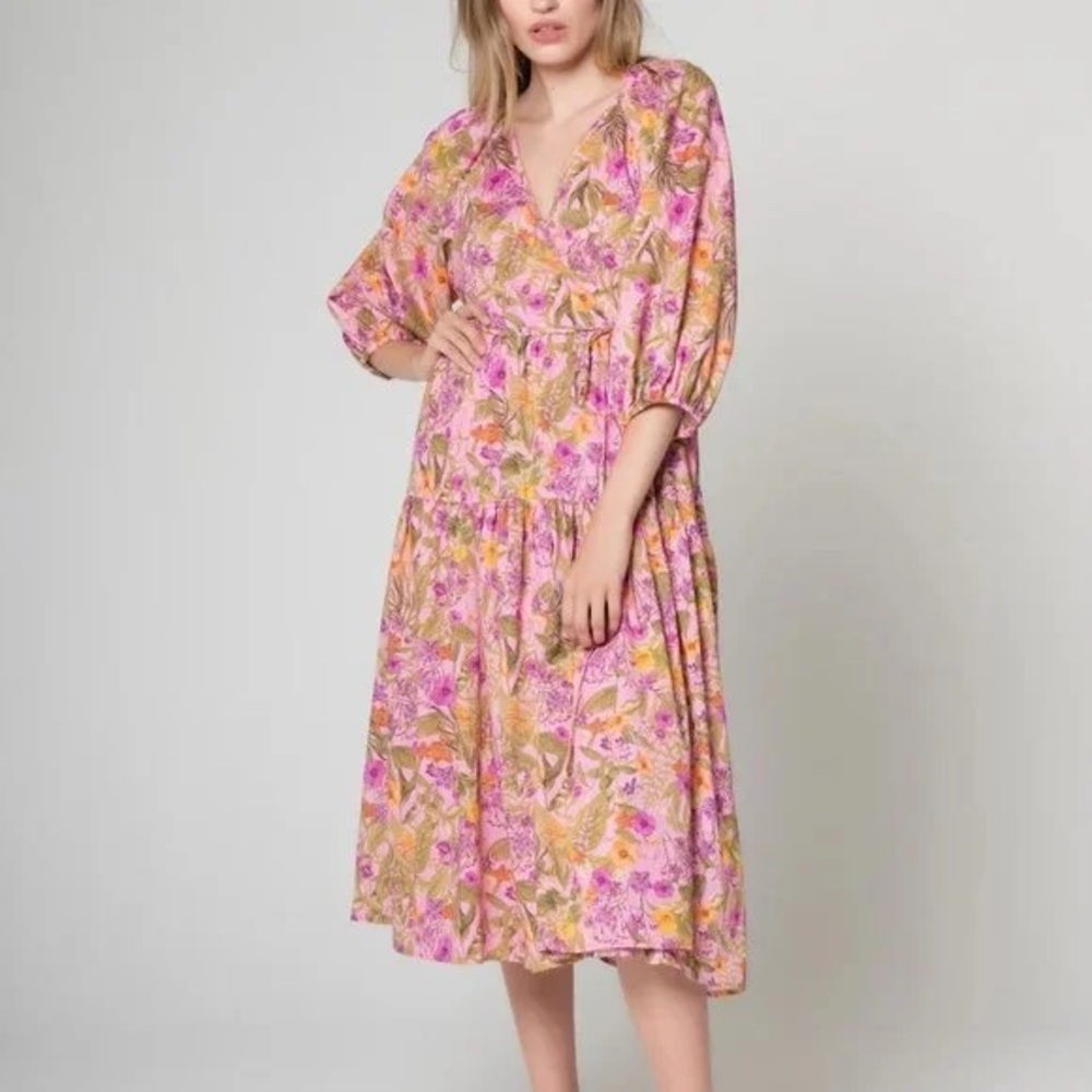 Lavender Brown Pink Floral Midi Wrap Dress with Puff sleeves